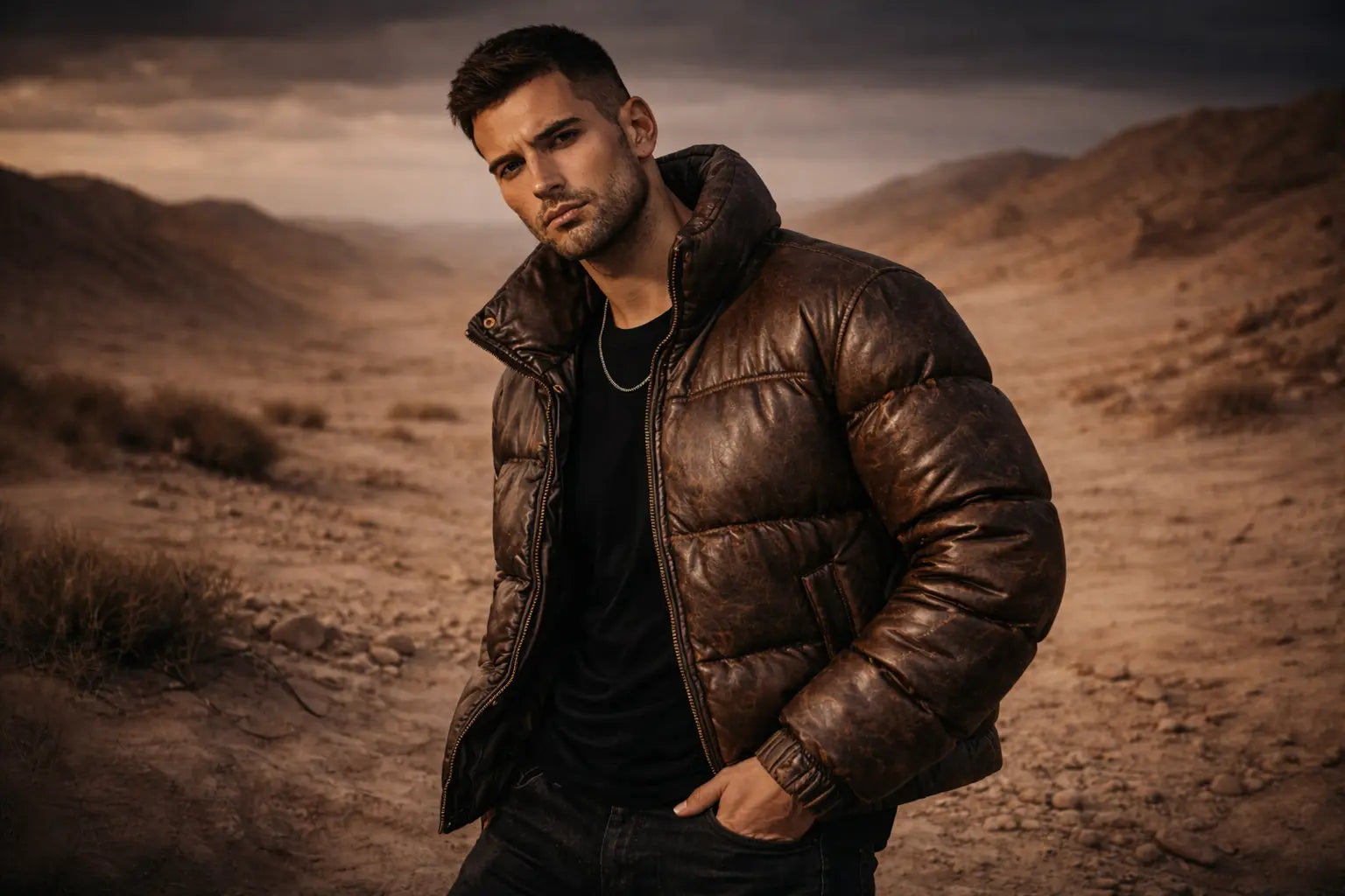Male model wearing a premium leather puffer jacket in a cinematic desert setting.