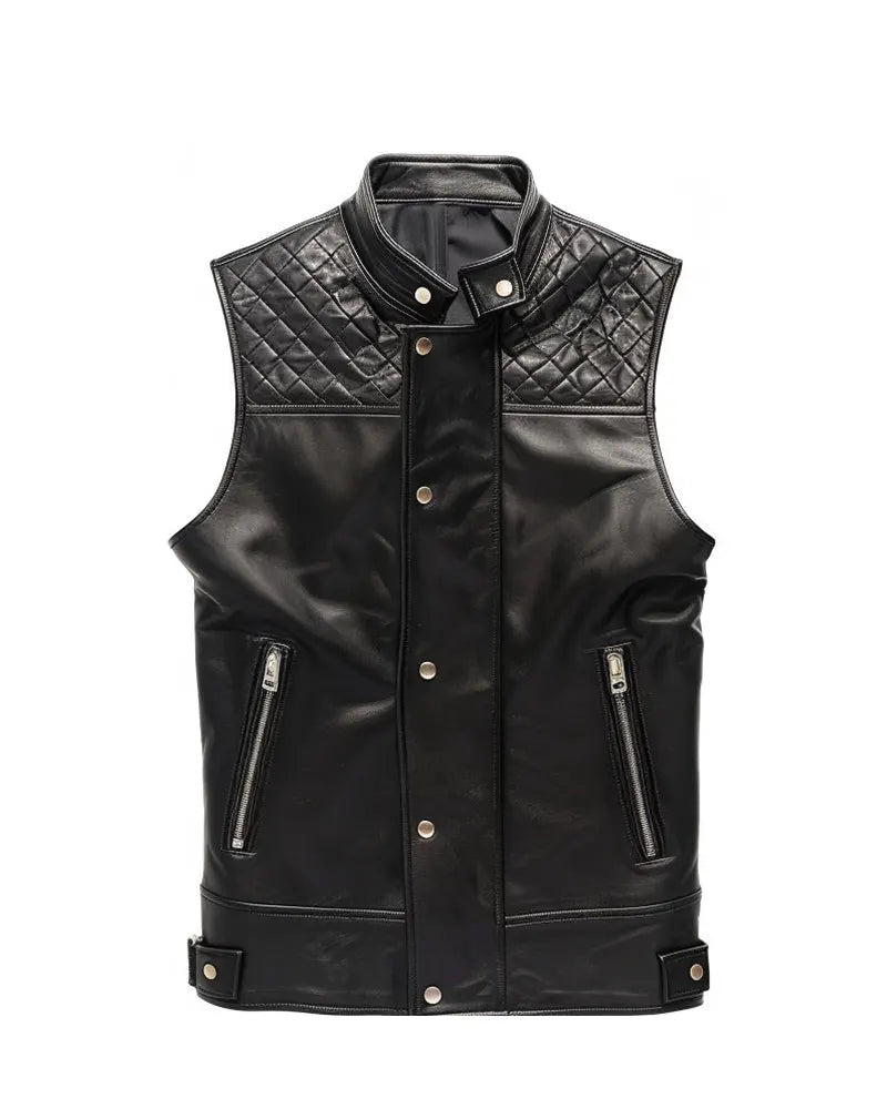 Men Black Quilted Style Leather Vest