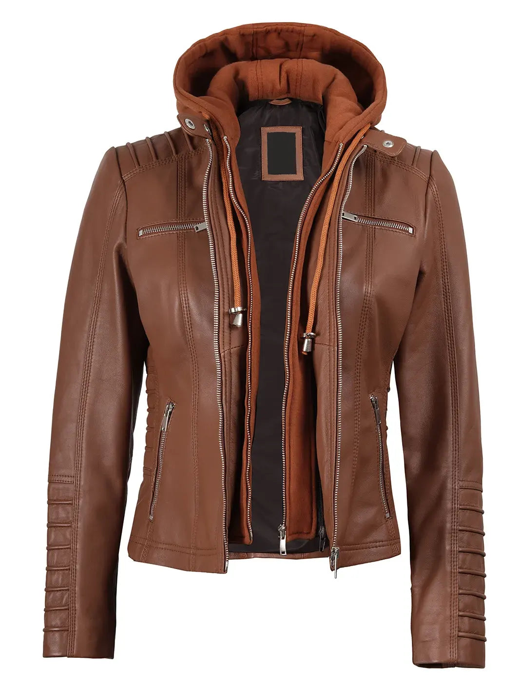 Women's Cognac Brown Leather Jacket With Removable Hood