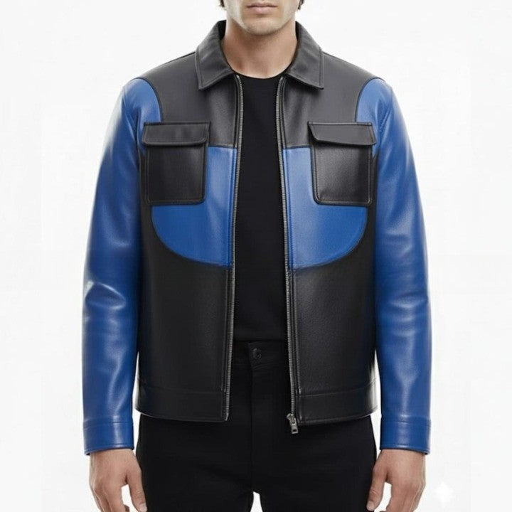 Mens Black  Blue Genuine Leather Jacket  Modern Zip Front
