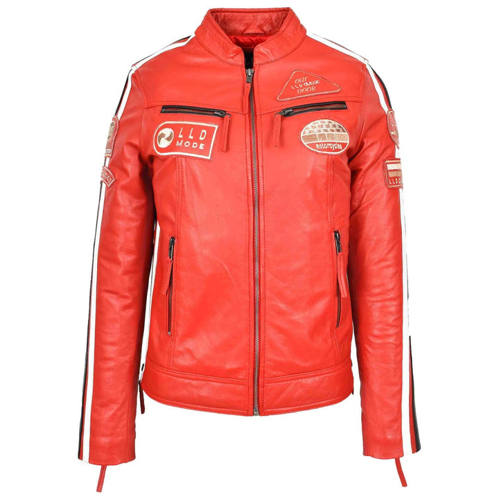 Ladies Leather Cafe Racer Biker Jacket Motorcycle Badges Rosa Black
