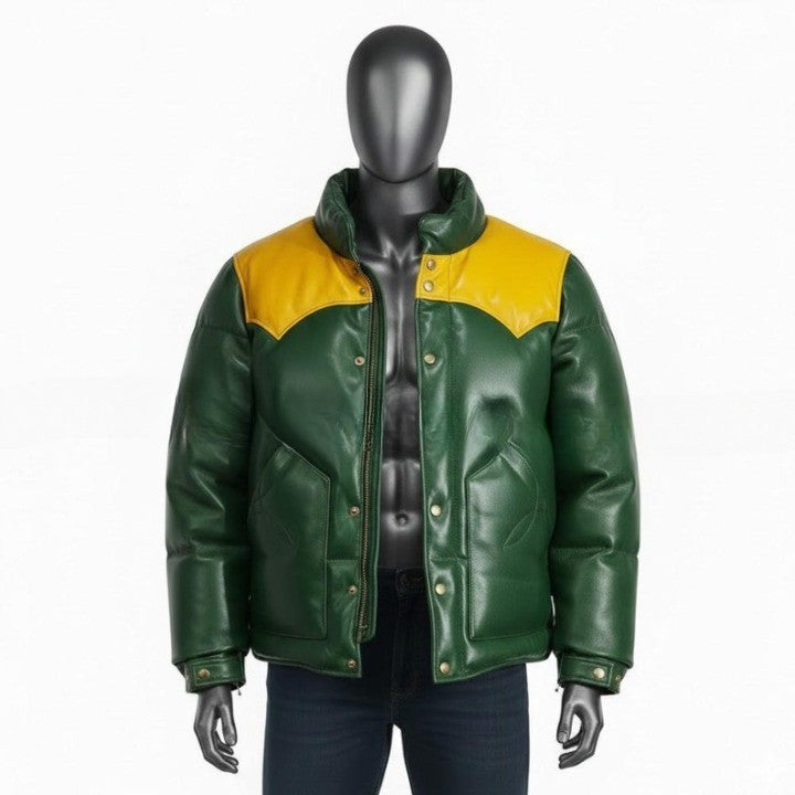Mens Green Leather Puffer Jacket  Yellow Yoke Winter Coat