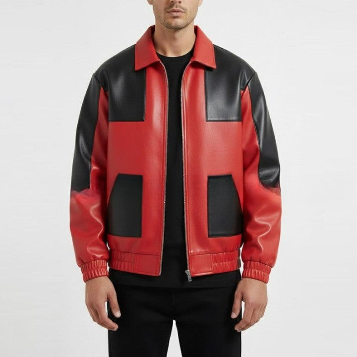 Red and Black Color Block Leather Jacket for Men  Urban Streetwear Zip Jacket
