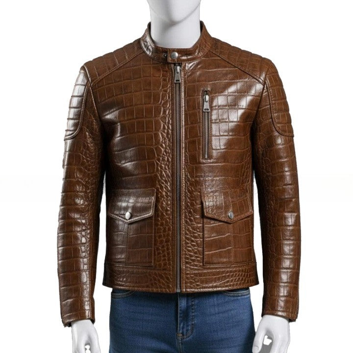 Mens Brown Crocodile Embossed Leather Biker Jacket  Slim Fit Aviator Coat