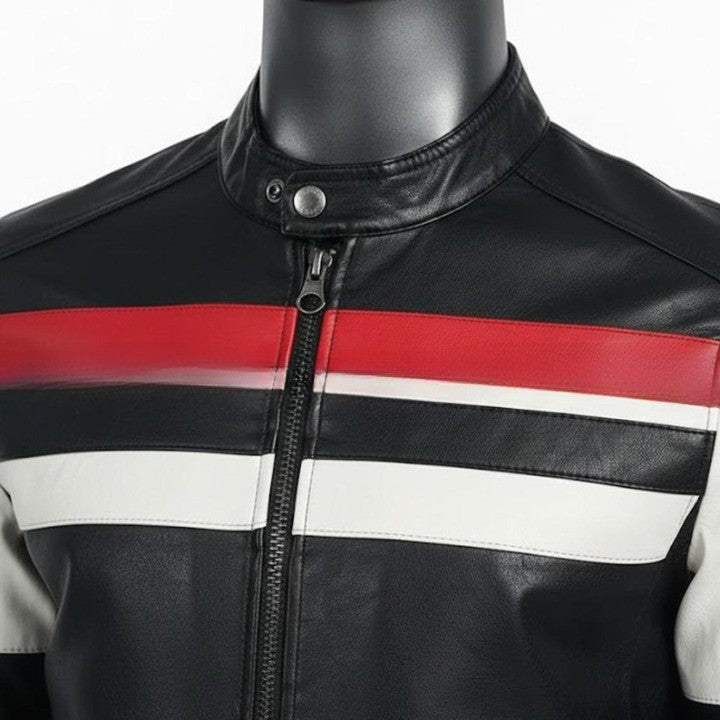 Mens Brown Leather Jacket with Cream Panel Design  Modern Zip Front Casual Jacket