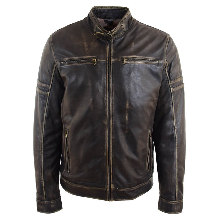 Mens Real Leather Biker Jacket Vintage Rub Off Effect RICKY