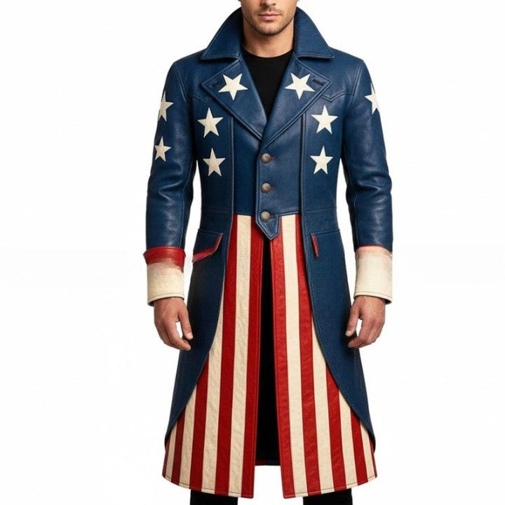 Genuine Leather American USA Flag Long Blue Statement Coat With Star and Stripe Pattern