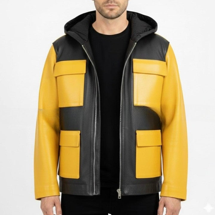 Mens Black and Yellow Leather Hooded Jacket with Front Pockets  Casual Zip Front Jackets