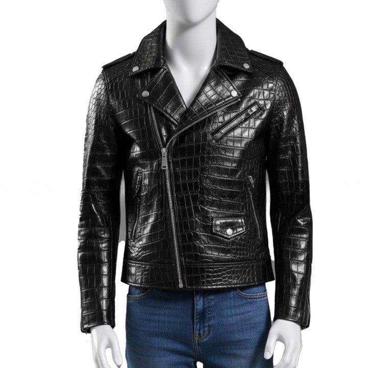 Mens Black Crocodile Embossed Leather Jacket  Genuine Leather Biker Jackets  Handmade Luxury Coat