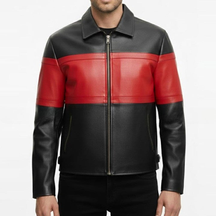 Red Stripe Black Leather Jacket for Men Modern Panel Design Zip Jacket