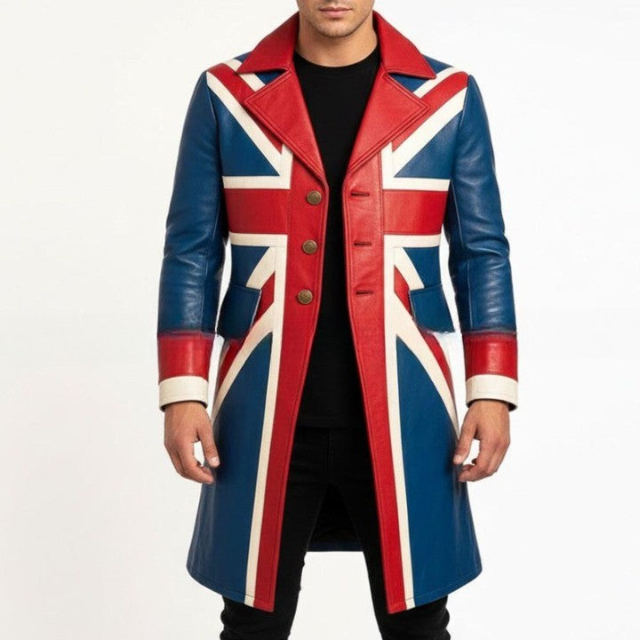 Genuine Leather Long Color Block UK Flag Coat with Geometric Panel Design