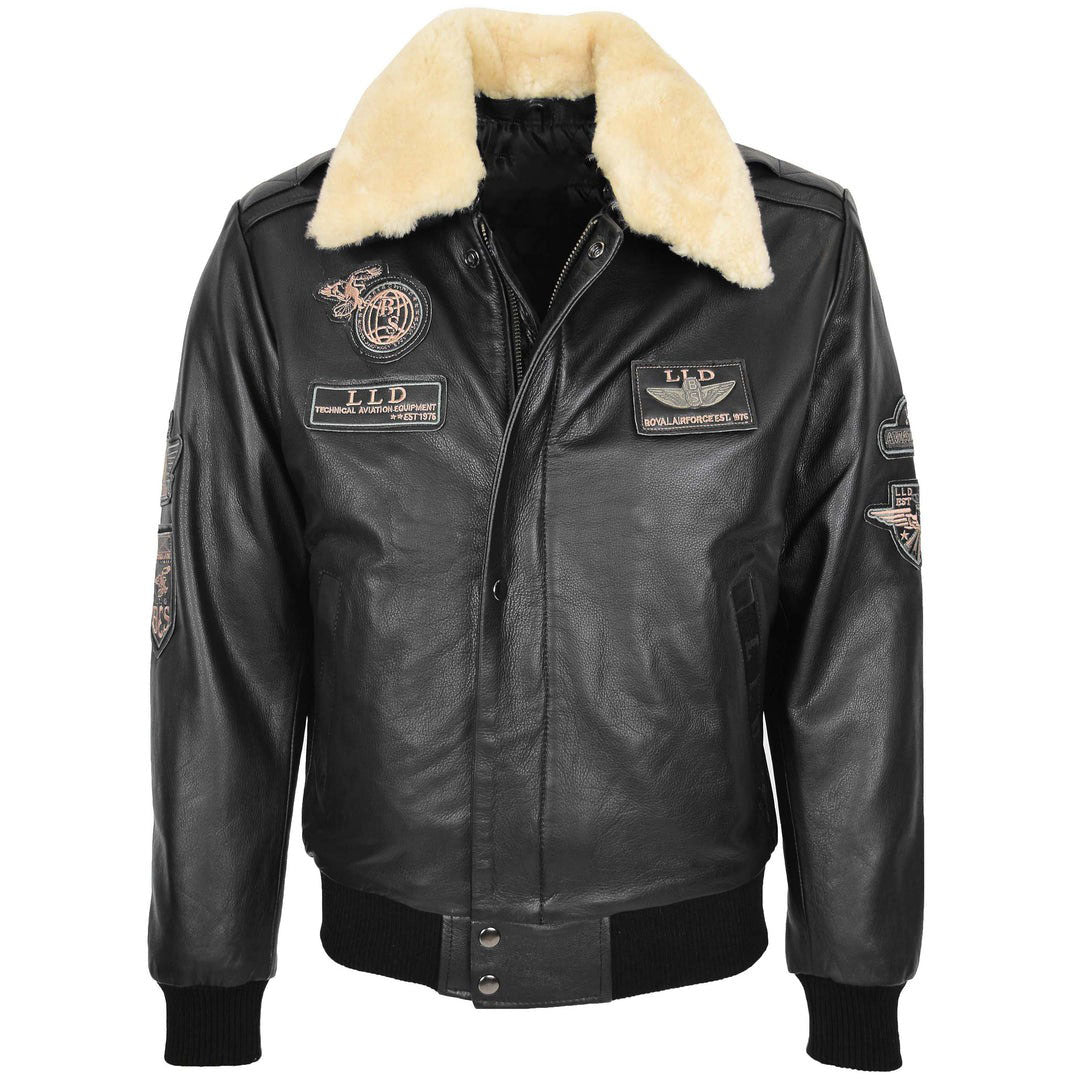 Mens Leather Jacket with Detachable Collar Pilot-N Black