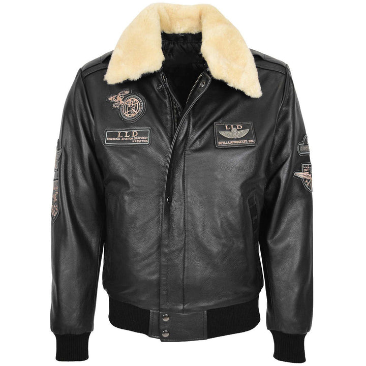 Mens Leather Jacket with Detachable Collar Pilot-N Black