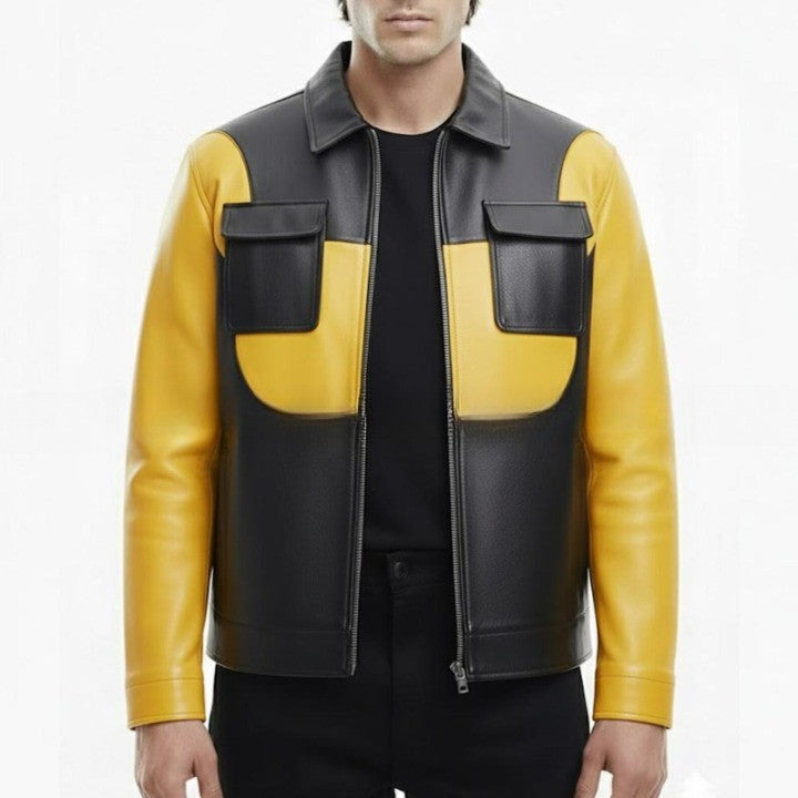 Mens Black  Yellow Genuine Leather Jacket  Modern Casual Style