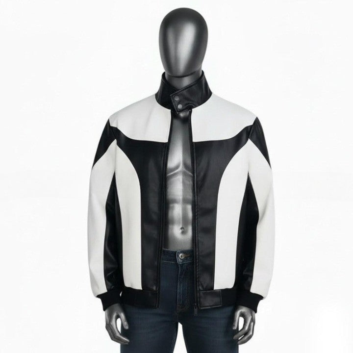 Mens TwoTone Genuine Leather Jacket  Black  White Street Style