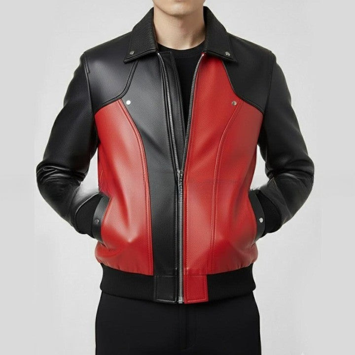 Mens Red and Black Leather Bomber Jacket Genuine Leather Zip Up Jacket Modern Two Tone Moto Style Coat Streetwear Biker Jacket Gift