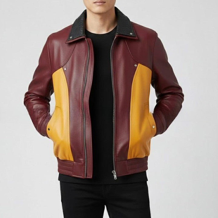 Mens Two Tone Leather Jacket  Burgundy  Mustard Zip Up Casual Retro Style Coat