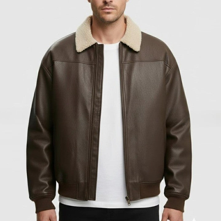 Mens Brown Genuine Leather Bomber Jacket  Sherpa Collar Aviator Style