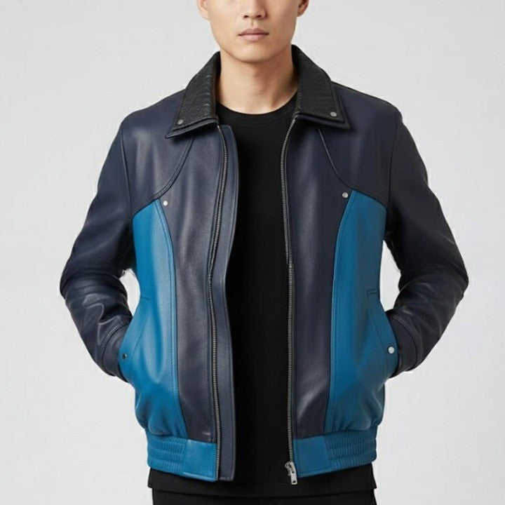 Mens Two Tone Leather Jacket   Navy  Teal Zip Up Casual Biker Style Coat
