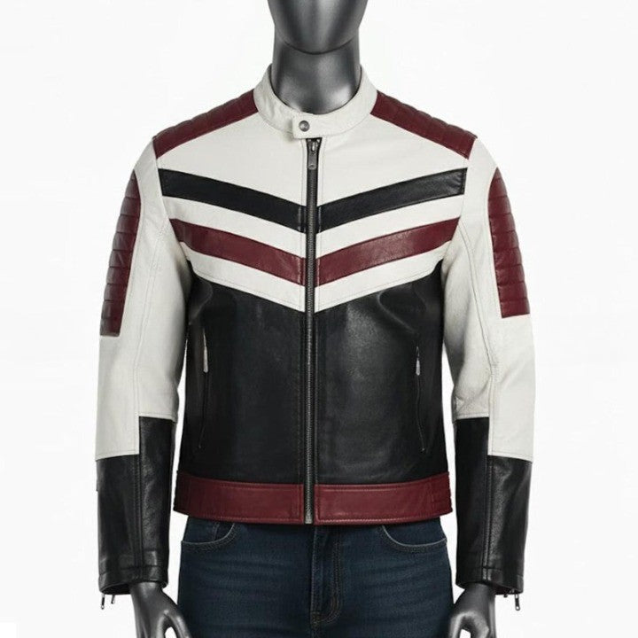 Mens Genuine Leather Racing Jacket  Contrast Panel Fashion Coat