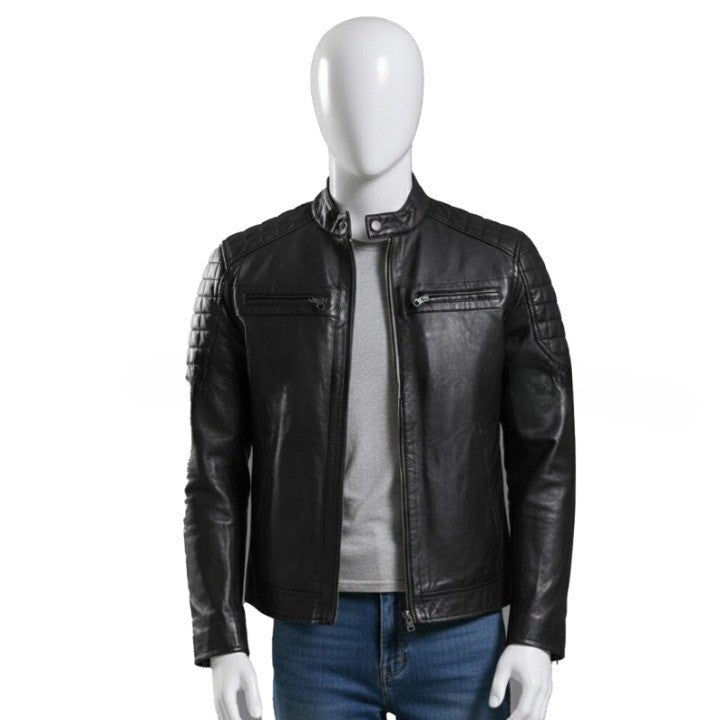 Genuine Leather Black Zipper Jacket with Quilted Shoulder Texture