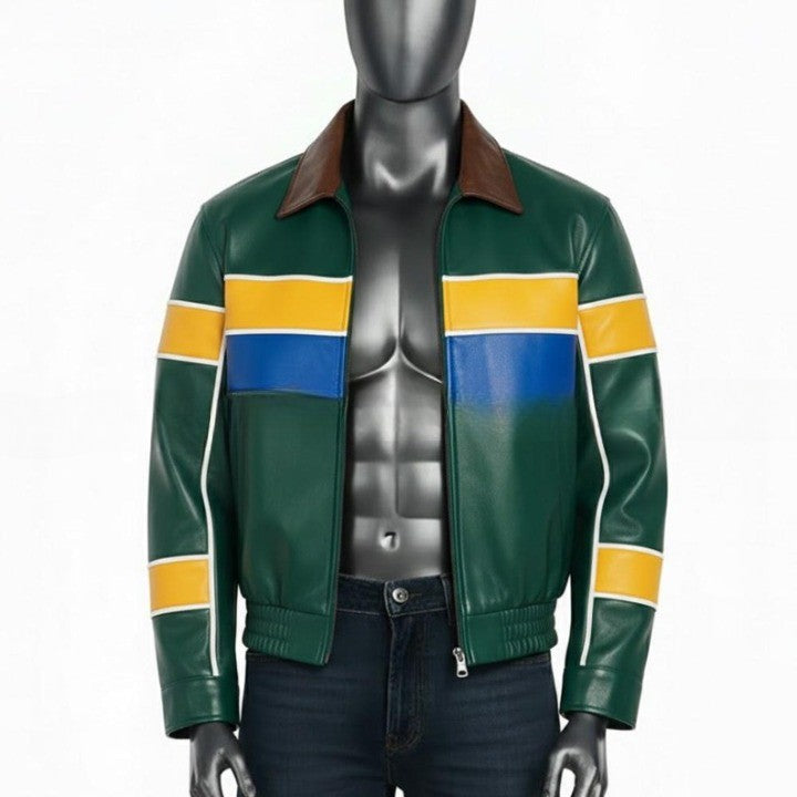 Genuine Leather Blue Jacket with Yellow And Blue Accent Panels