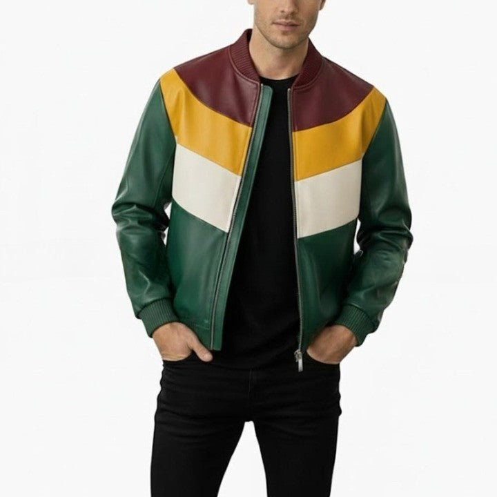 Mens Green Leather Jacket with Yellow  Cream Panel Design  Modern Zip Front Casual Jacket