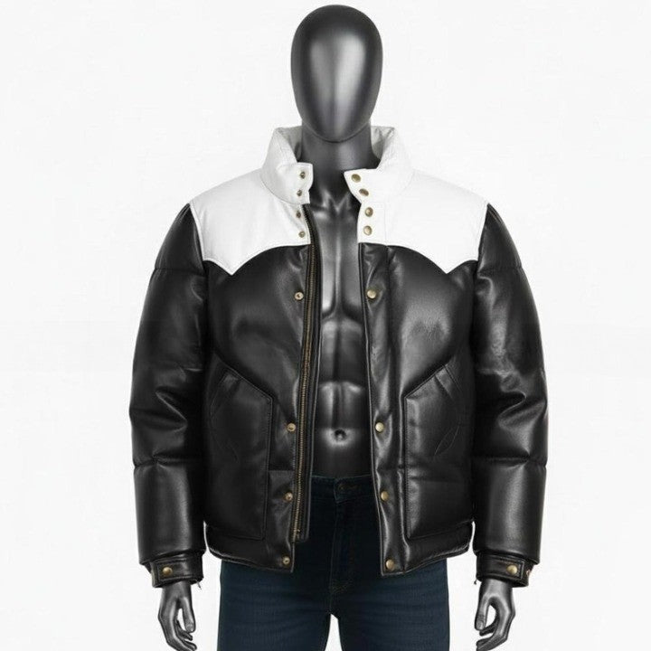 Black Padded Jacket with White Yoke Detail For Men  Genuine Leather Puffer Coat