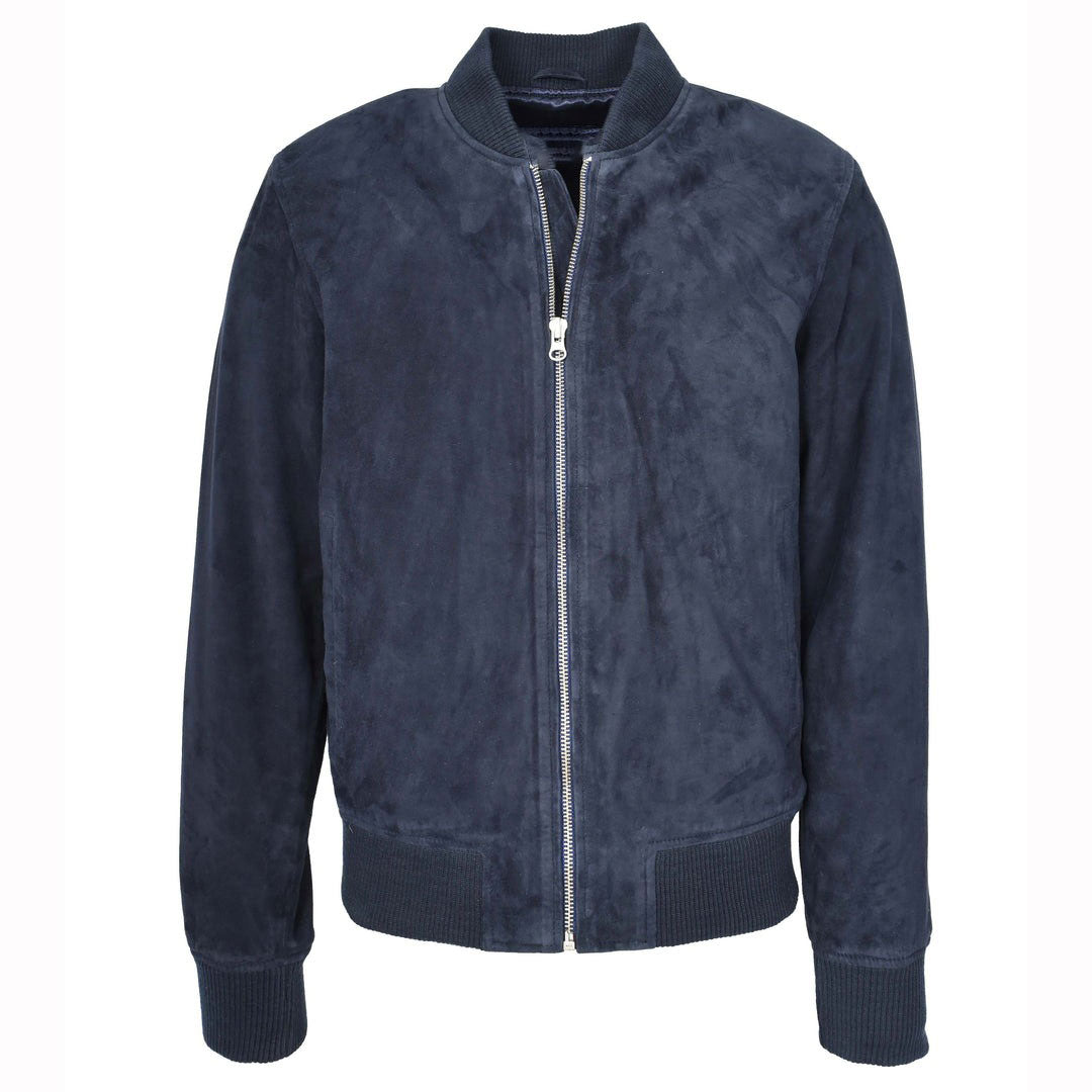 Mens Real Goat Suede Bomber Jacket MA-1 Varsity Design Ryan Navy Blue