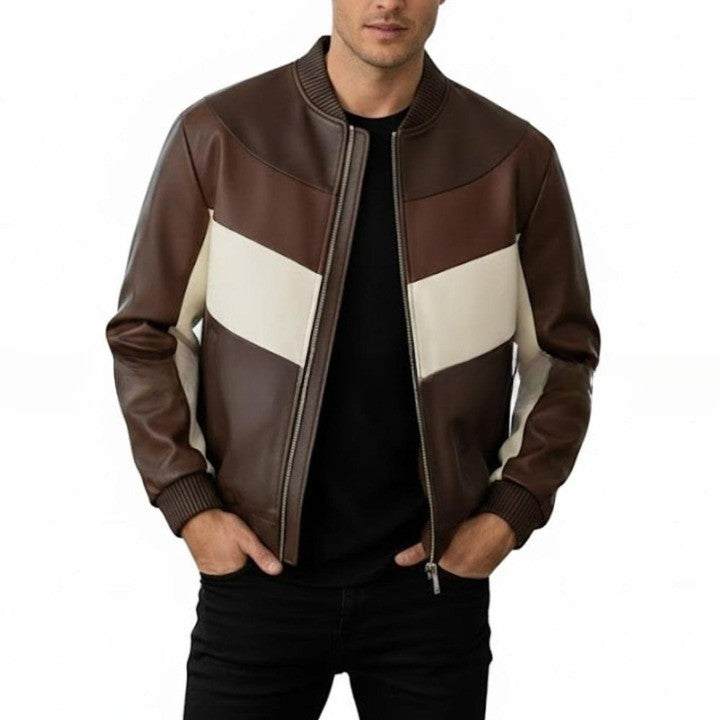 Mens Black Genuine Leather Jacket  Red  White Stripe Detail