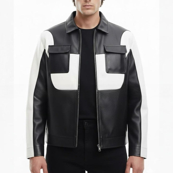Mens Black  White Genuine Leather Jacket  Modern Zip Front