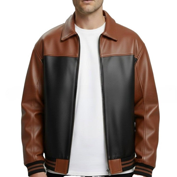 Men’s Brown & Black Leather Bomber Jacket – Classic Contrast Zip-Up Style