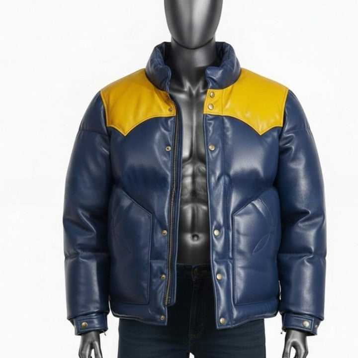 Blue Puffer Jacket with Yellow Shoulder Panels for Men  Genuine Leather Puffer Coat