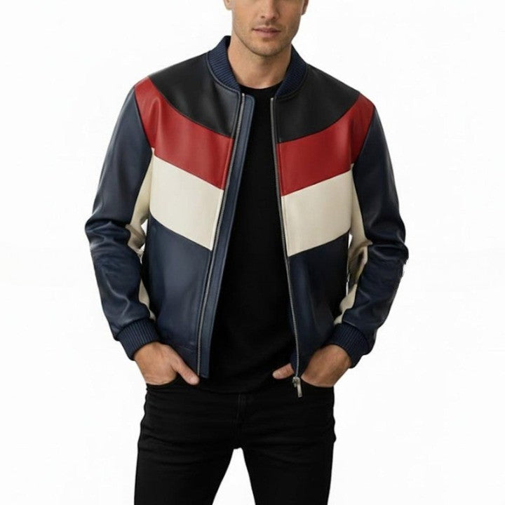 Mens Genuine Leather Bomber Jacket  Navy Red  Cream Panel Design