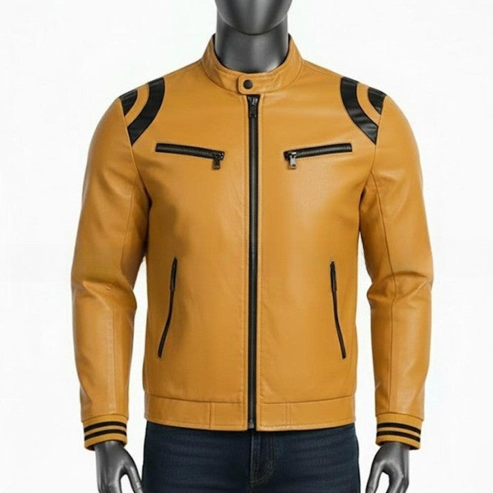 Mens Tan Genuine Leather Jacket  High Neck Front Pockets