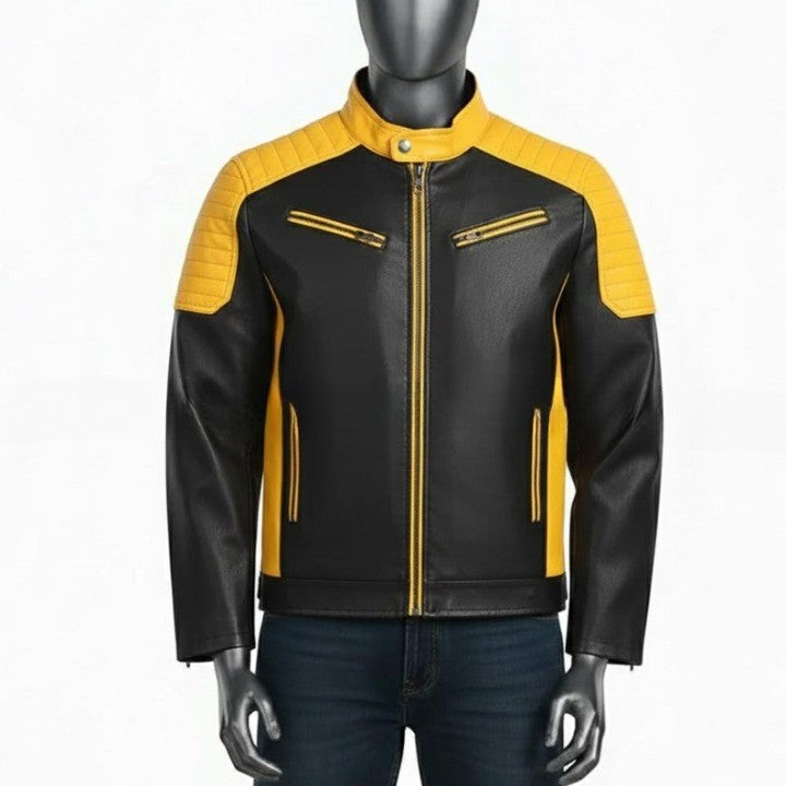 Mens TwoTone Genuine Leather Jacket  Black  Yellow Trim