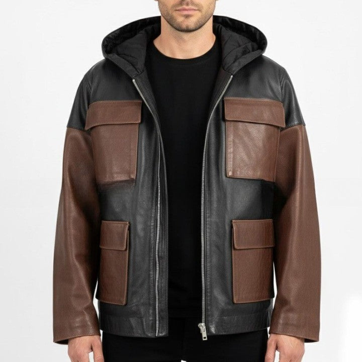 Mens Black and Brown Leather Hooded Jacket with Front Pockets  Casual Zip Front Outerwear