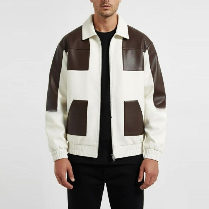 Two Tone Genuine Leather Jacket  Cream  Brown Zip Front