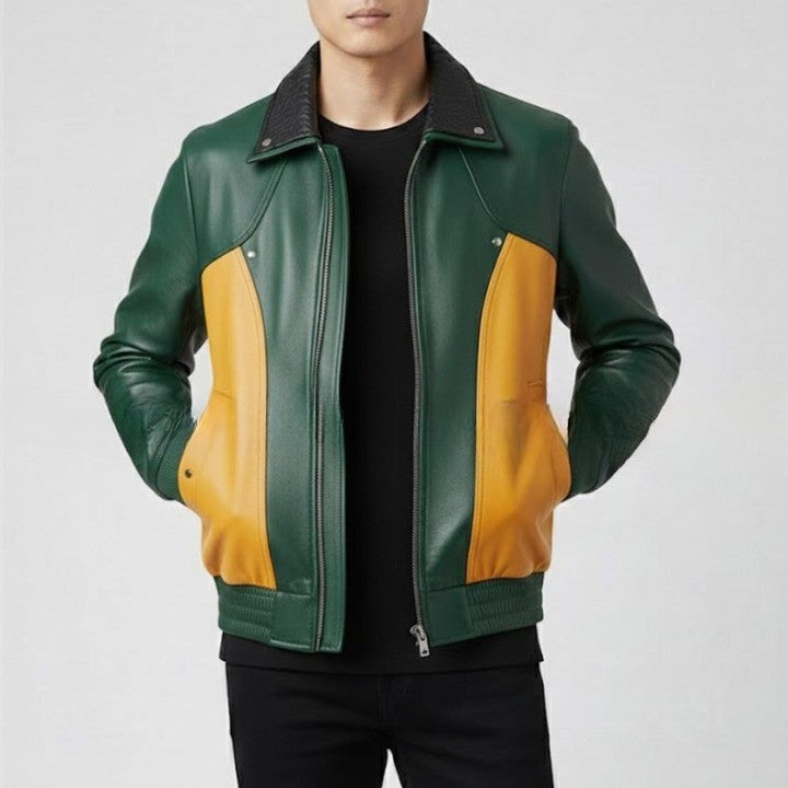 Mens Genuine Leather Bomber Jacket Green Mustard Two Tone Casual Outerwear