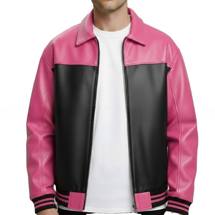 Pink and Black Mens Genuine Leather Jacket with Zip Front and Contrast Panel Styling
