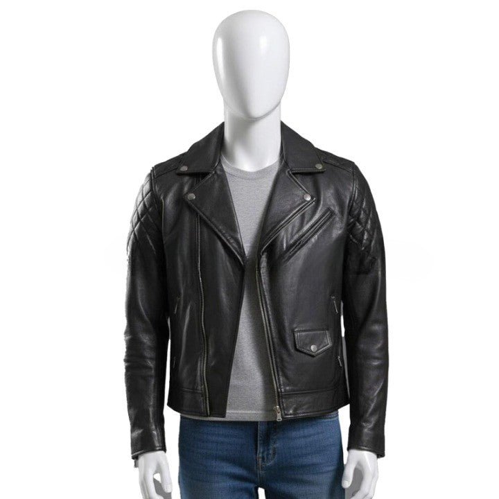 Original Leather Classic Black Moto Jacket with Quilted Shoulder Panels