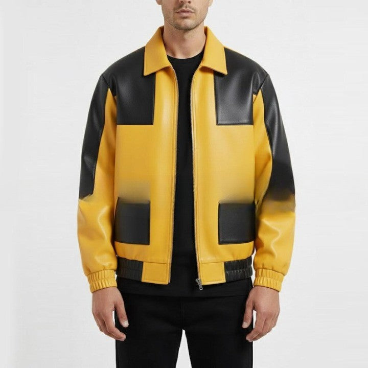 Men’s Yellow Black Contrast Leather Jacket – Urban Fashion Fit