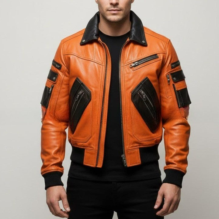 Original Leather Orange Zipper Jacket with Black Contrast Pocket And Collar Details