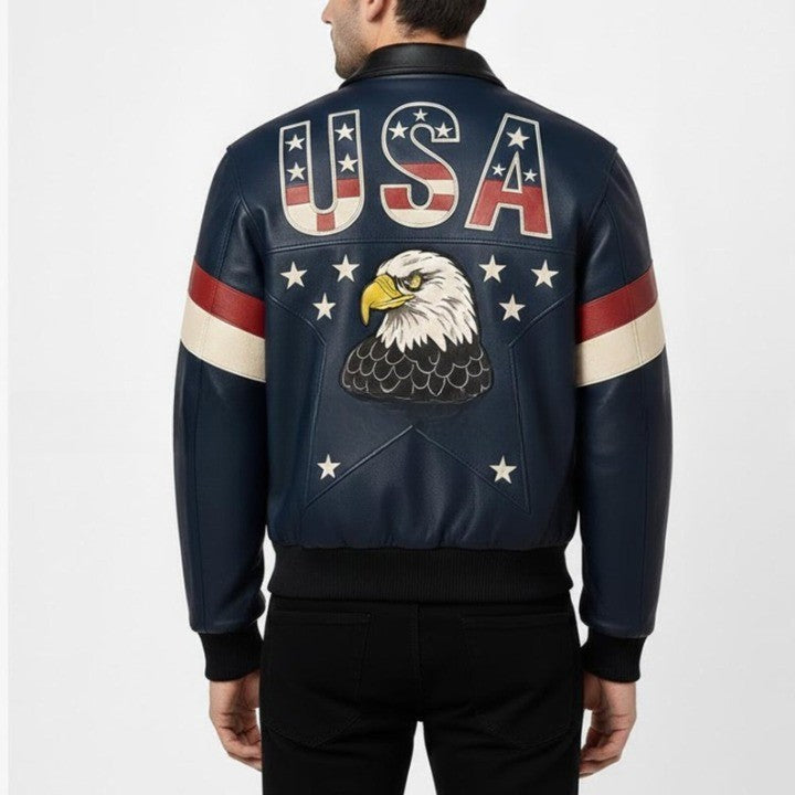 USA Text Navy Color Genuine Leather Jacket with Contrast Arm Stripe Detail