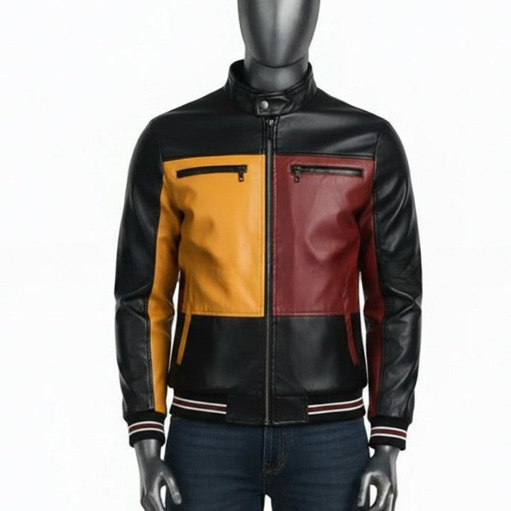 Mens Color Block Genuine Leather Jacket  Maroon  Mustard Panel Design