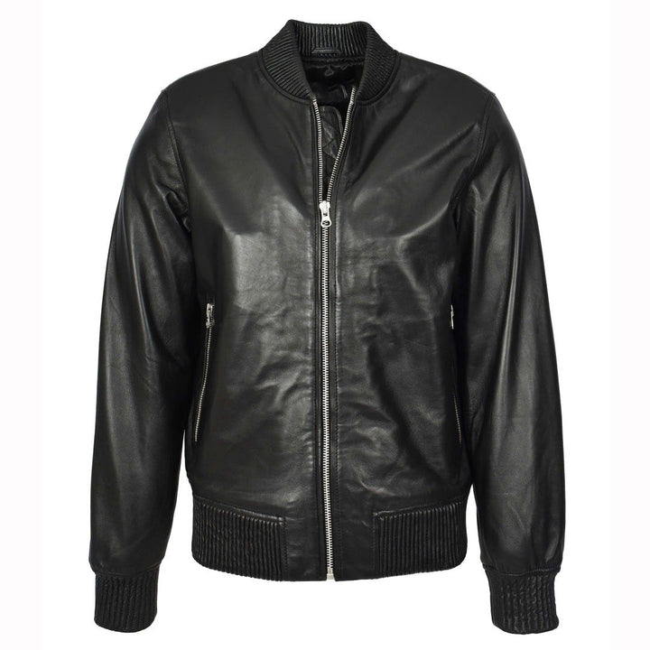 Mens Real Soft Leather Bomber Jacket MA-1 Varsity Style Torque Black