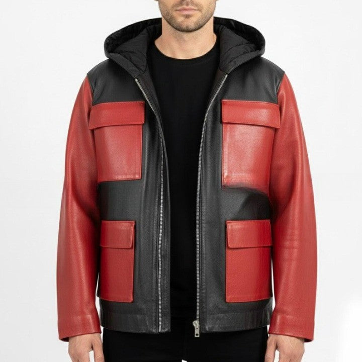 Mens Black and Red Genuine Leather Hooded Jacket  Zip Front Coat