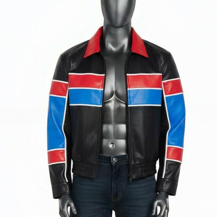Black Jacket with Red and Blue Panel Design For Men  Genuine Leather Puffer Coat