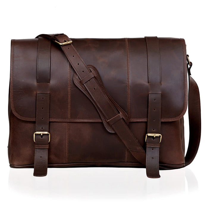 LUXE VOYAGER LEATHER MESSENGER  BROWN  18 L x 5 W x 13 H