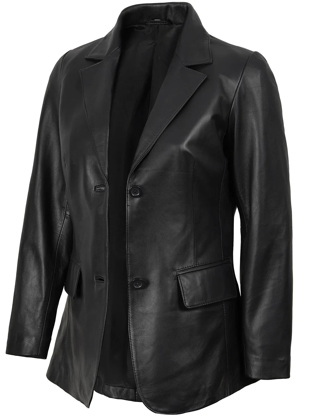 Women's Black Two-Button Real Leather Blazer